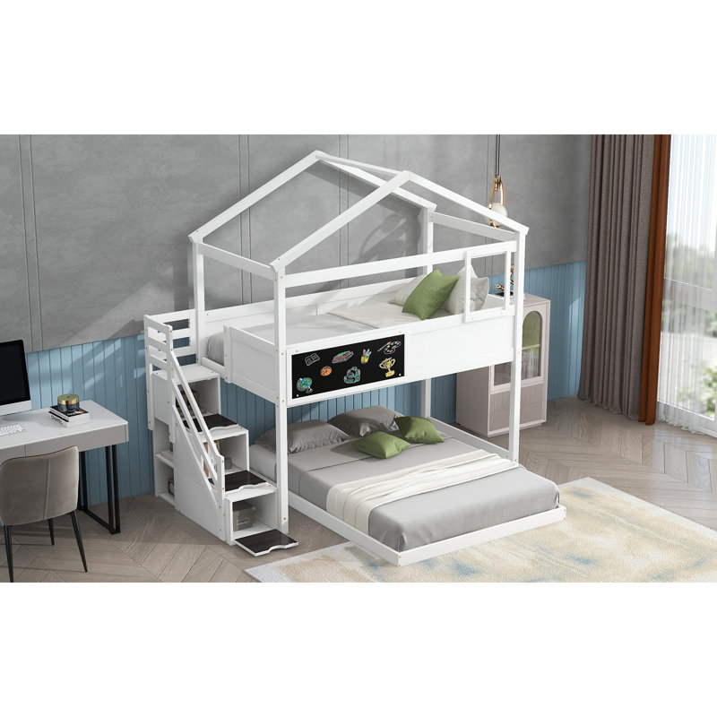 Lit superposé House avec escalier et rangement, Blanc