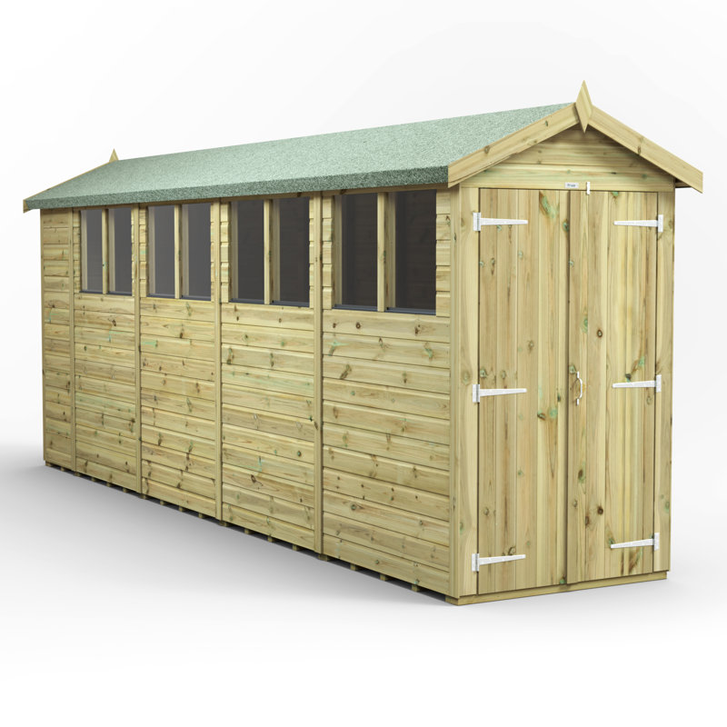 Powersheds 18 x 4ft Premium Pressure Treated Timber Apex Garden Shed, Double Doors