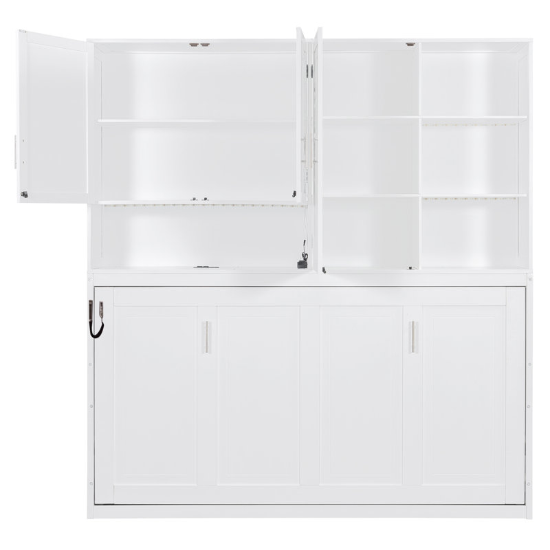 Lit escamotable simple avec armoire, tablettes, éclairage, station de charge USB et prise, Blanc