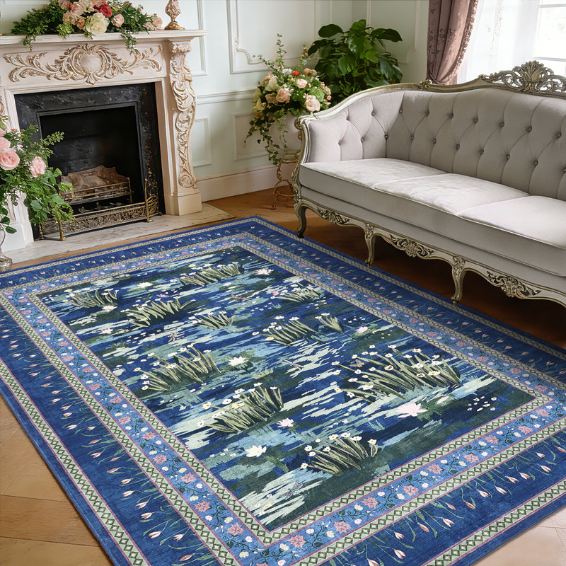 Washable Rug for Living Room, Soft Non Slip Floral Bedroom Rugs, Water Lily Pond Cute Nursery Rug, Large Low Pile Stain Resistant Farmhouse Rugs