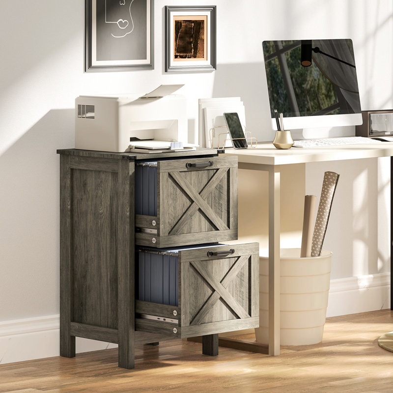 Classeur à 2 tiroirs gris vieilli, style porte de grange, glissières silencieuses, support basculant, barres réglables pour documents format A4 et lettre organisés, armoire rustique en placage