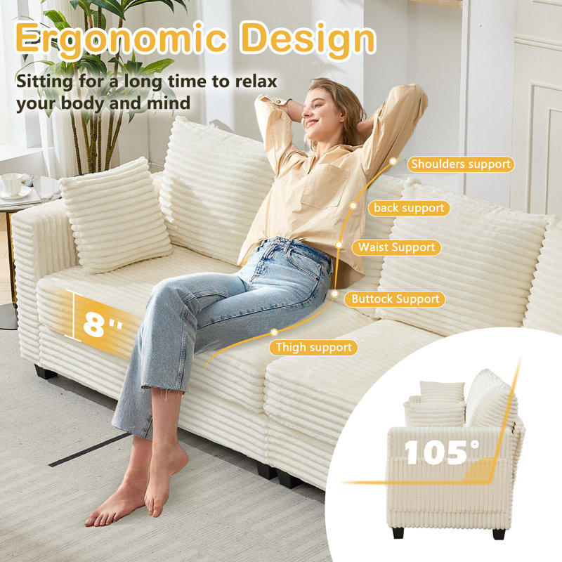 106" Corduroy Sofa Couches For Living Room, Modern Comfy 4 Seater Cloud Sofa With 8" Thick Soft Seat Cushion For Small Space, Bedroom, Apartment, Home Office (beige White)