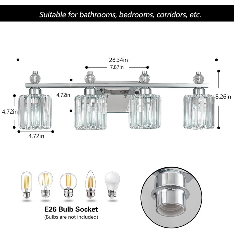 Luminaire de salle de bain moderne en cristal chromé à 4 lumières pour installation au-dessus d'un miroir