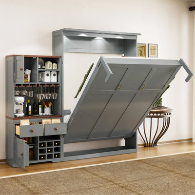 Grand lit escamotable avec armoire de rangement, support à vin, porte-verre, tiroirs et bande à DEL multicolore, gris