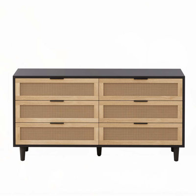 Armoire de rangement 59,6 po à 6 tiroirs en rotin avec glissières de tiroir blanches, pour chambre à coucher, salon, noir