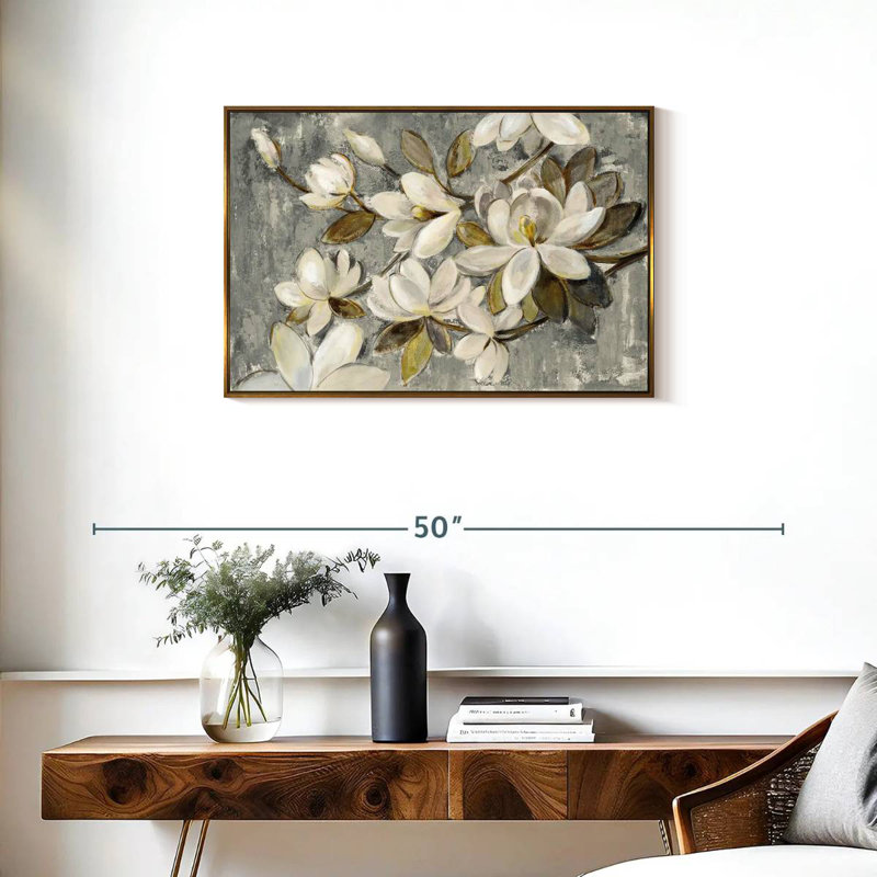 Magnolia simplicité gris neutre, Cadre flottant doré, 31 po x 21 po