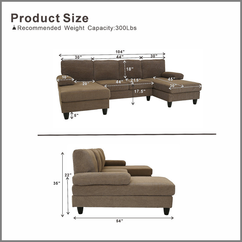 Canapé en forme de U rembourré nubby, conception de chaise double confortable avec accoudoirs rembourrés, Polyester café