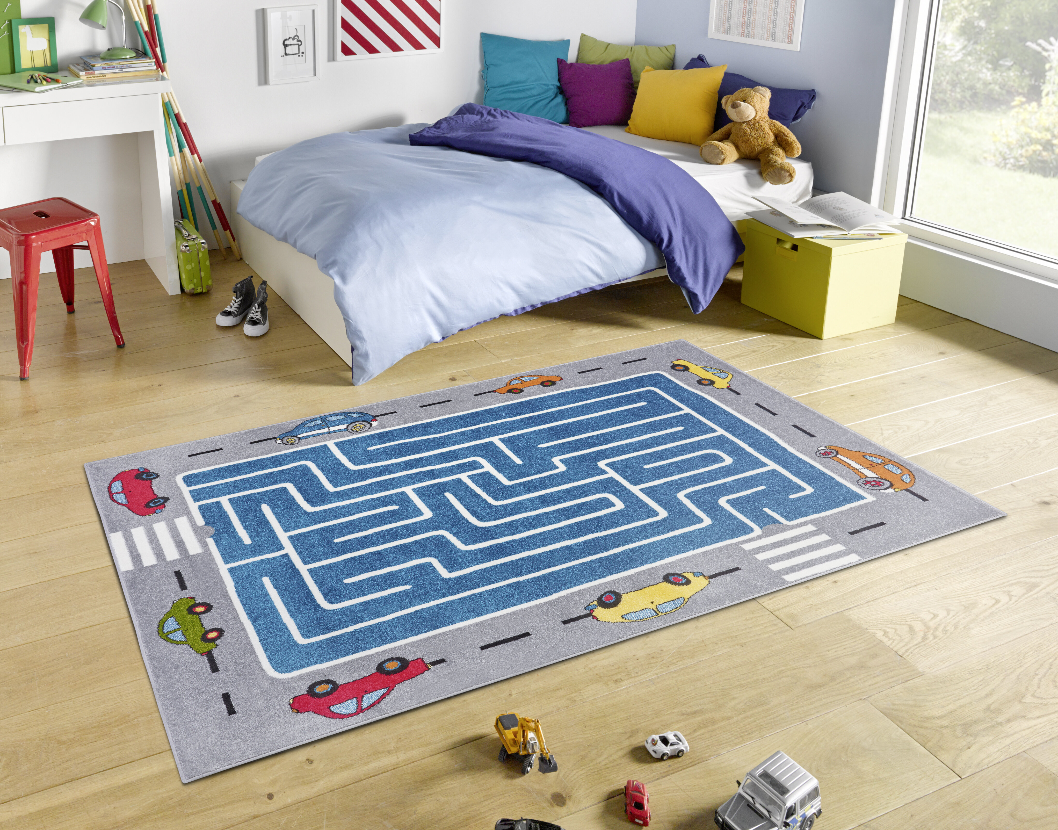 Hanse Home Labyrinth Race Kinderteppich - Teppich Rutschfest Weich Auto  Straße Kinderzimmer, Spielzimmer