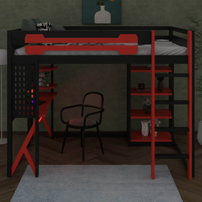 Lit mezzanine en bois avec bureau et lumière RVB, lit mezzanine double avec port USB, prise de courant, planche suspendue, échelle et garde-corps