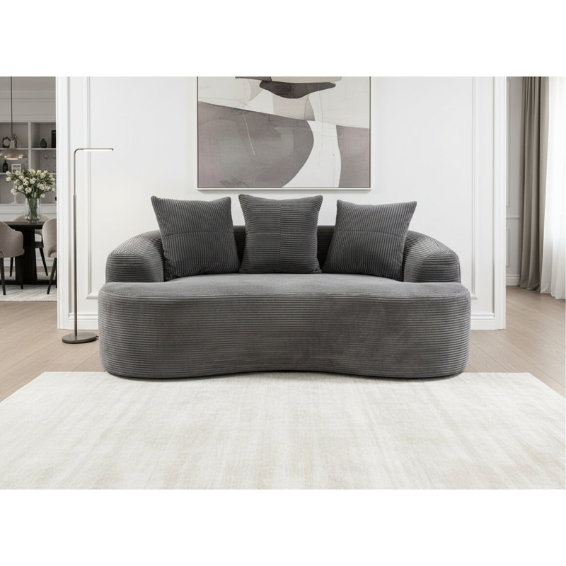 Canapé incurvé de 163 cm avec coussins à ressorts ensachés, velours côtelé gris, 3 coussins décoratifs, compact pour les petites pièces, aucun assemblage requis, velours côtelé, option d'assise compacte, nécessaire