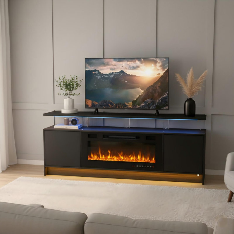 70" TV Stand with Electric Fireplace Compartment and LED Lighting, Black        