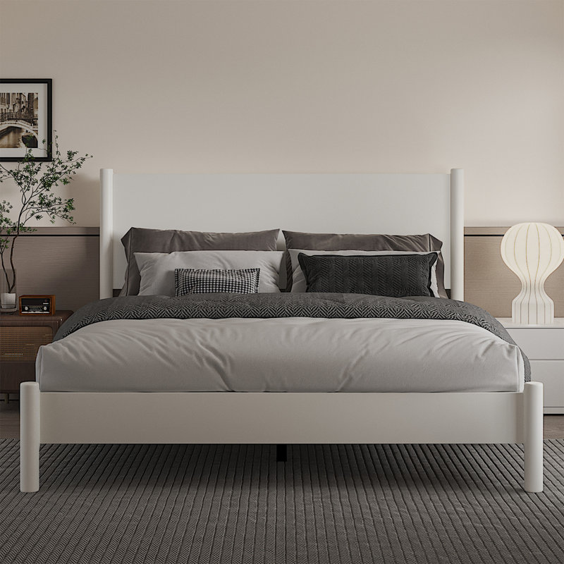 Très grand lit plateforme avec tête de lit, support en lattes de bois, espace sous le lit de 7,3 pouces, conception silencieuse, assemblage facile, blanc