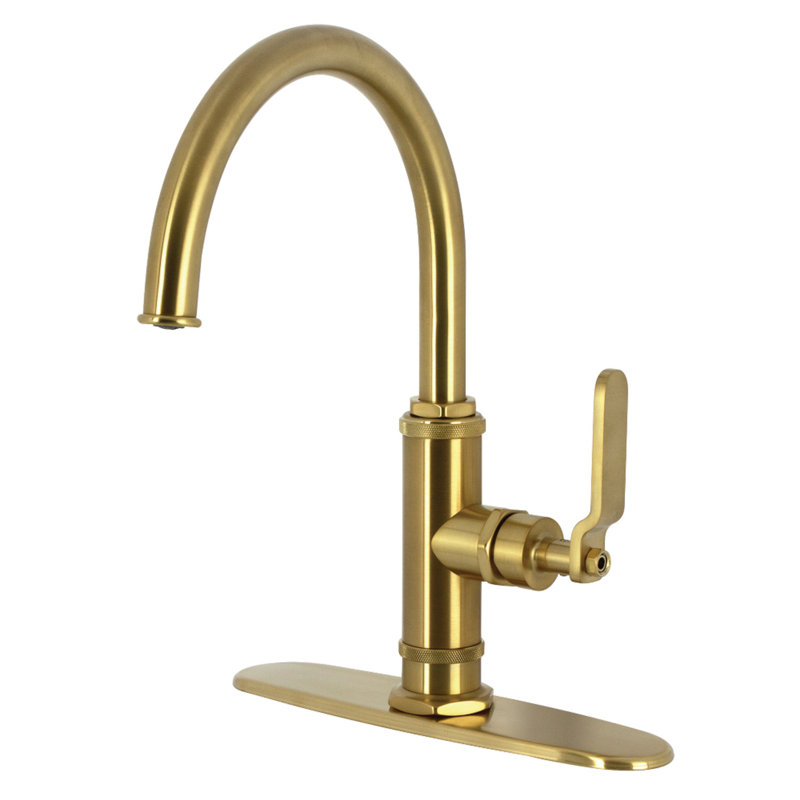 Kingston Brass Whitaker Single-Handle Deck Mount Kitchen Faucet with Brass Sprayer, Brushed Brass