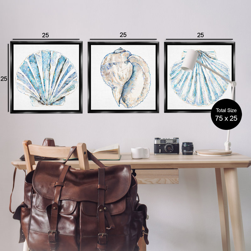 «Clam & Conch Watercolors», ensemble de 3 toiles flottantes encadrées par Christine Zalewski, Cadre flottant noir de jais