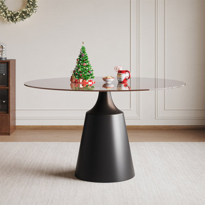 Table de salle à manger ronde de 35 pouces pour les petits espaces, table à piédestal moderne de style Mid-Century avec plateau en verre noir pour la cuisine, le salon, le thé et le café (appartement, style bistro)