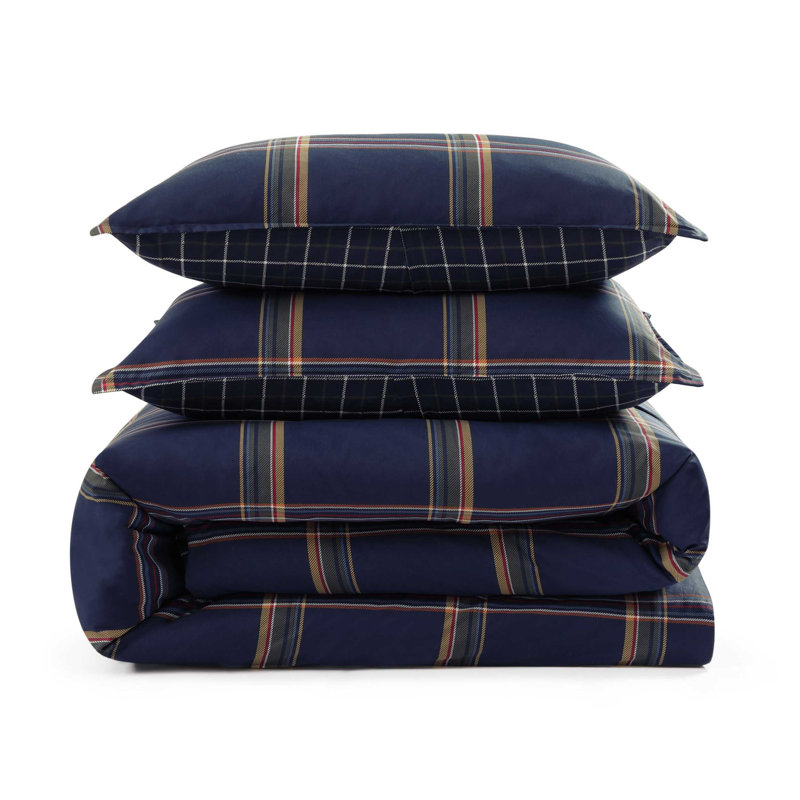 Tommy Hilfiger Beacon Plaid Blue Cotton Reversible Comforter Set, Queen Comforter + 2 Standard Shams
