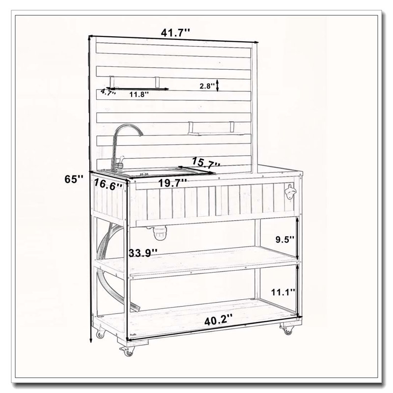 Chariot de cuisine 41,7 po en bois massif avec évier et banc de jardin avec plateau en acier inoxydable 41,7 po, Brown