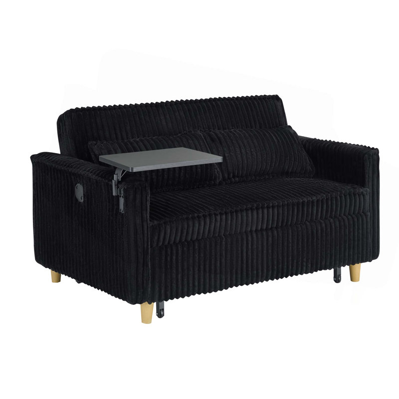 The pull-out and push-in corduroy sofa with dual functions, equipped with a movable tabletop and USB ports, is suitable for use in living rooms and bedrooms.