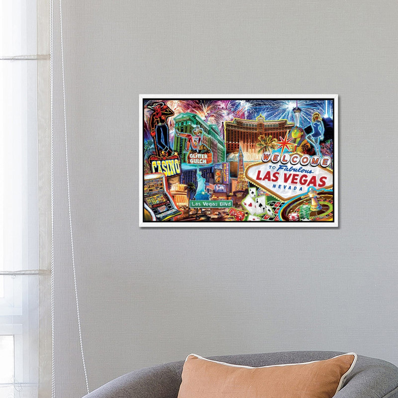 Las Vegas Pop Art by P.D. Moreno - Print on Canvas, White Framed, 66.04 cm H x 45.72 cm W