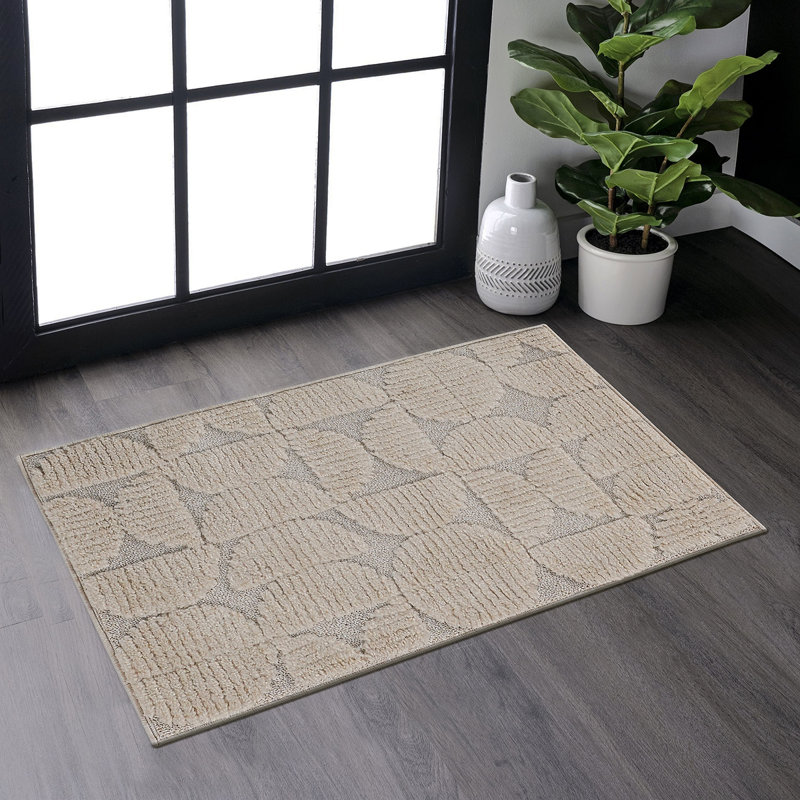 Step Collection High-Low Beige Indoor Area Rug, 2'X3', Modern, Contemporary, Geometric, Bohemian, Bedroom, Kitchen, Living Room, Doormat, Non Shedding Carpet