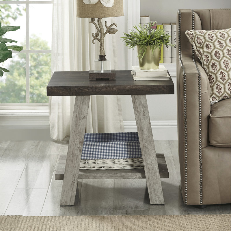 Table d'appoint en noyer gris et vieilli avec plateau rectangulaire et accents bicolores