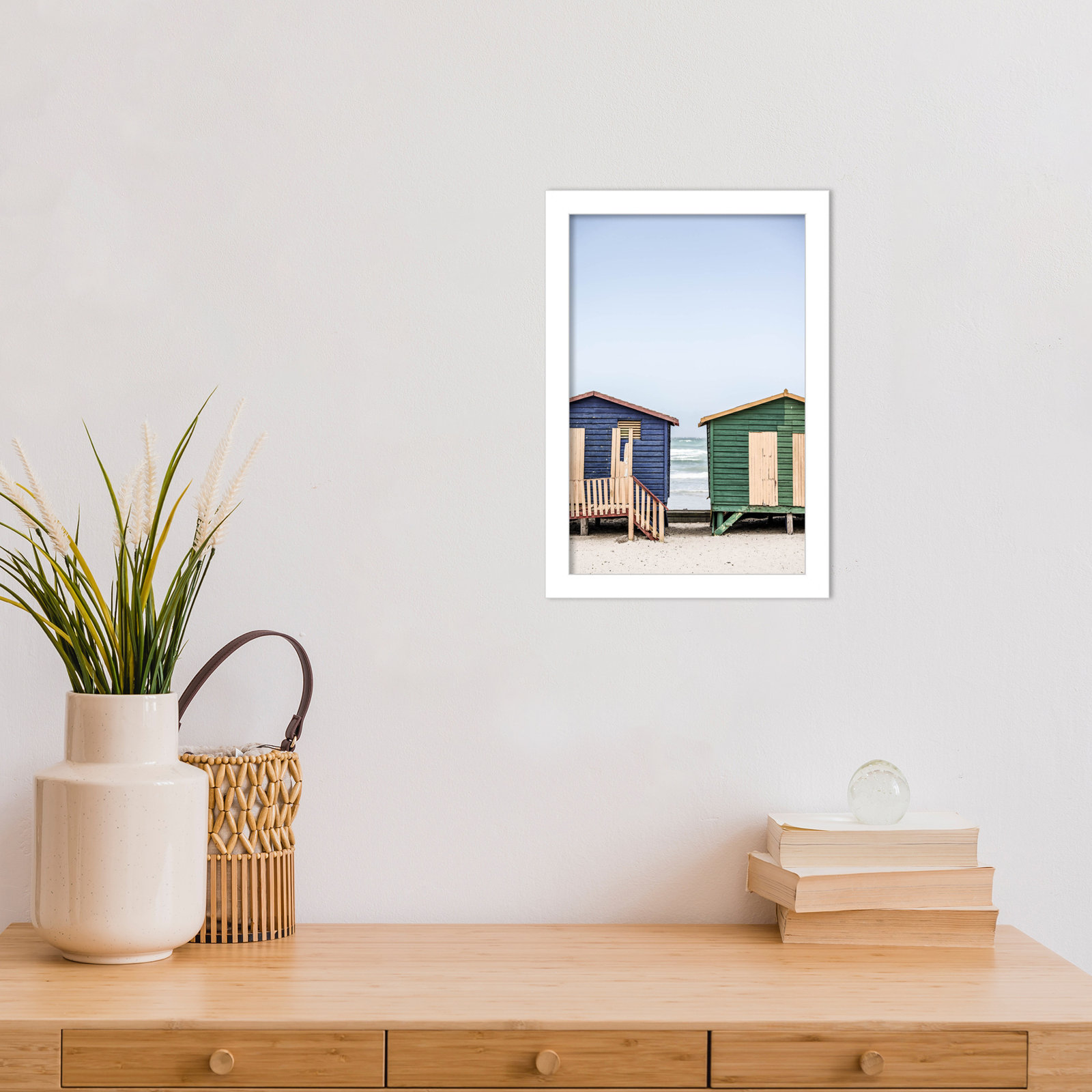 Blue and Green Huts by Shot by Clint Wood Framed Wall Art Print, 13" H x 9" W, White