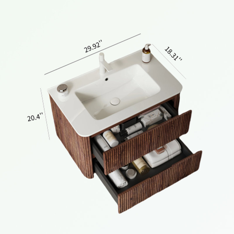 Meuble-lavabo mural avec lavabo et 2 tiroirs, Noyer