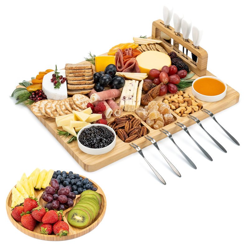 Large Bamboo Charcuterie Board Set with Round Fruit Tray