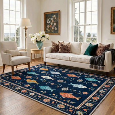 Tapis bleu / ivoire à imprimé animal lavable à la machine avec envers antidérapant