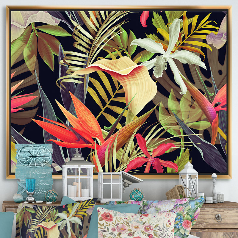Fleur tropicale I - reproduction d'art sur toile, H 30 po x l 40 po x P 1,5 po, Toile avec cadre doré