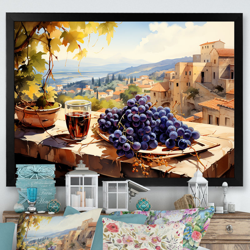 «Mauve Vineyard Tuscan balcon Views - Wine», art mural, Cadre d'angle fermé noir, H 24 po x l 32 po x P 1 po