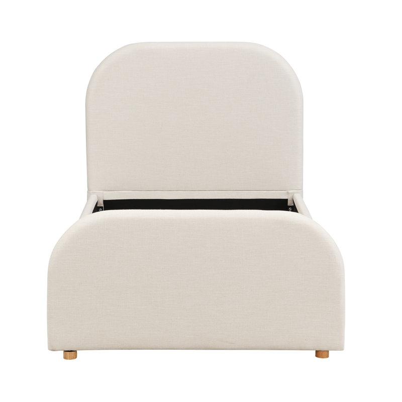 Structure de lit simple beige avec tête de lit tapissier recouverte de lin et pieds en bois massif, Lit simple