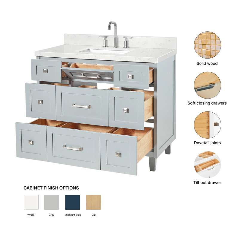 ARIEL Monroe 48 Single Sink Bathroom Vanity with Carrara Quartz Top, Gray, 42" - 43", Carrara White Quartz