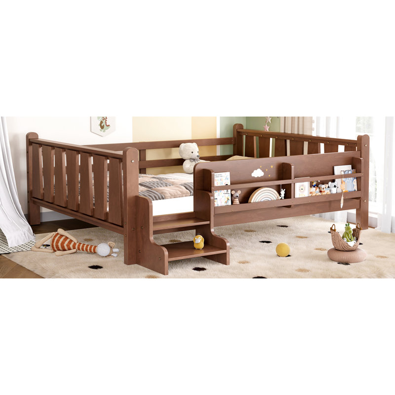 Lit double en bois massif avec escalier, rangement et fonction de sommeil autonome, Full, Natural