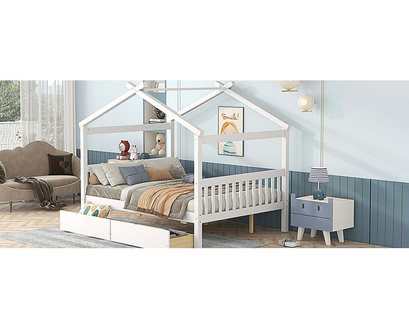 Lit double en bois avec tiroirs, blanc