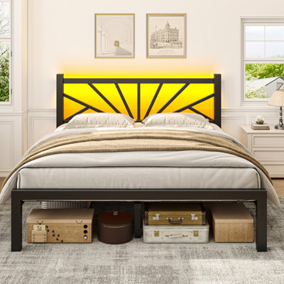 Base de lit en métal avec lumières DEL, cadre de lit avec tête de lit, cadre de lit plateforme robuste et robuste avec espace de rangement, support de lattes en métal robuste, silencieux, pas de sommier tapissier nécessaire