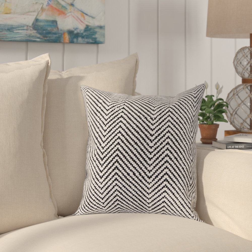 Wool Removable Cover Pillow Throw Authentic Handmade Square Polyester Fill Black & White Non-Reversible Raised Chevron With White Cotton Backing Chandra Rugs 