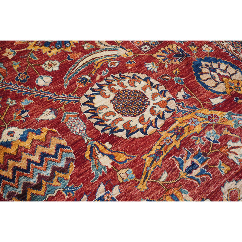 Tapis unique de 12 pi x 18 pi 7 po en rouge / bleu marine / brun