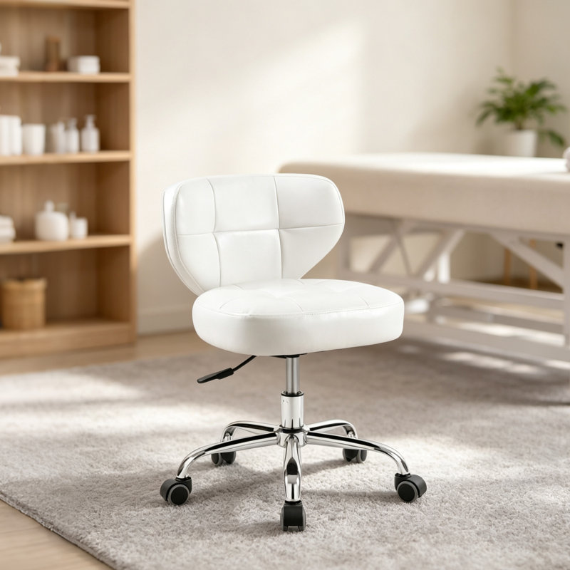 Tabouret de pédicure bas pivotant et réglable avec dossier, idéal pour les prothésistes ongulaires, les salons de beauté, les spas, les studios de tatouage, les laboratoires et le secteur médical. Capacité : 136 kg (300 lb). Couleur : blanc.