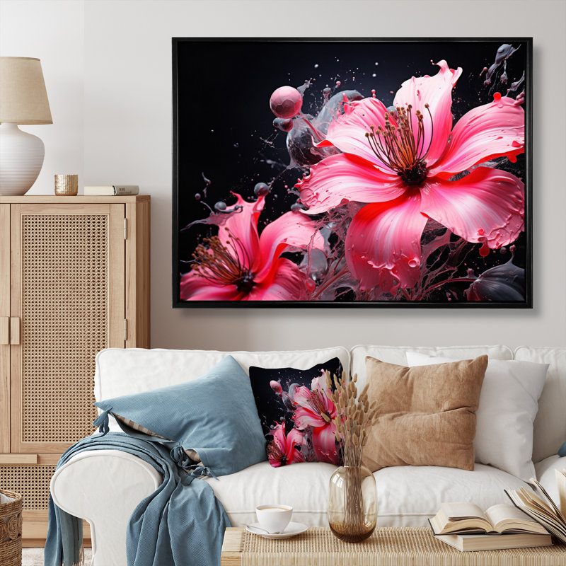 " Pink Black Botanical Symphony ", 30" H x 40" W x 1.5" D, Black Floater Framed
