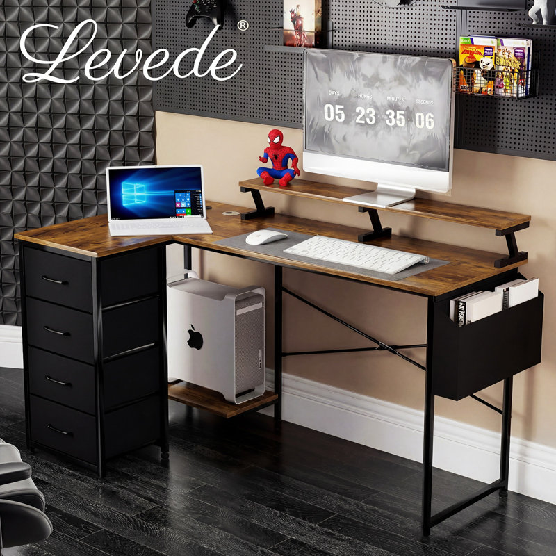  Gaming Desk L Shaped with USB Charging Port Power Outlet Walnut Color