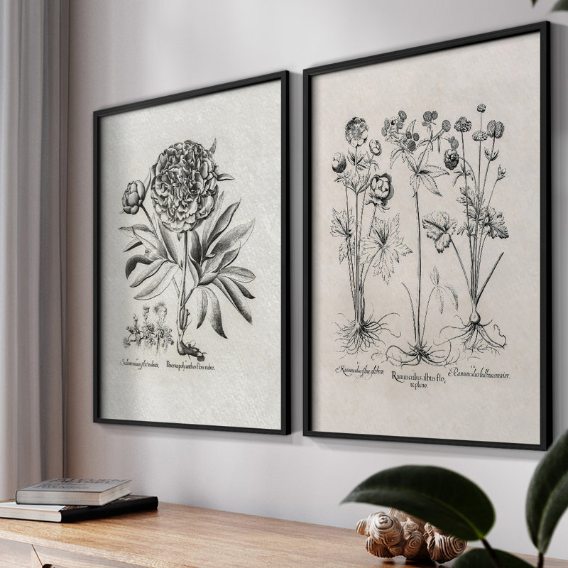Impression florale rétro - ensemble de 2, Noir, noir, noir, noir, H 17 po x l 42 po