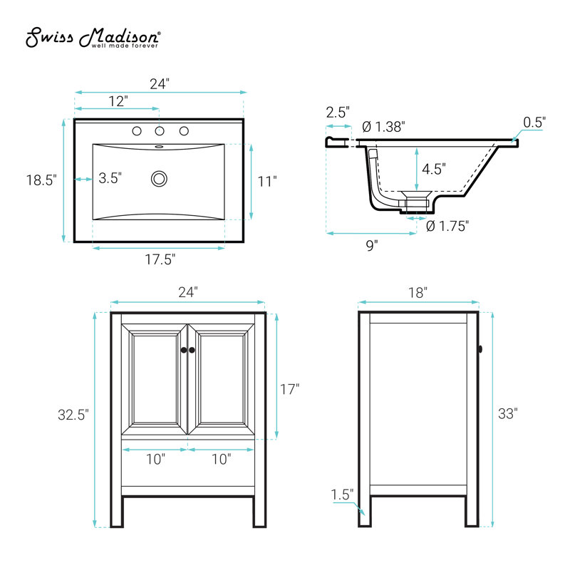 Château 24" Freestanding Bathroom Vanity Oak with Sink Top, Black, Black, 8" Widespread
