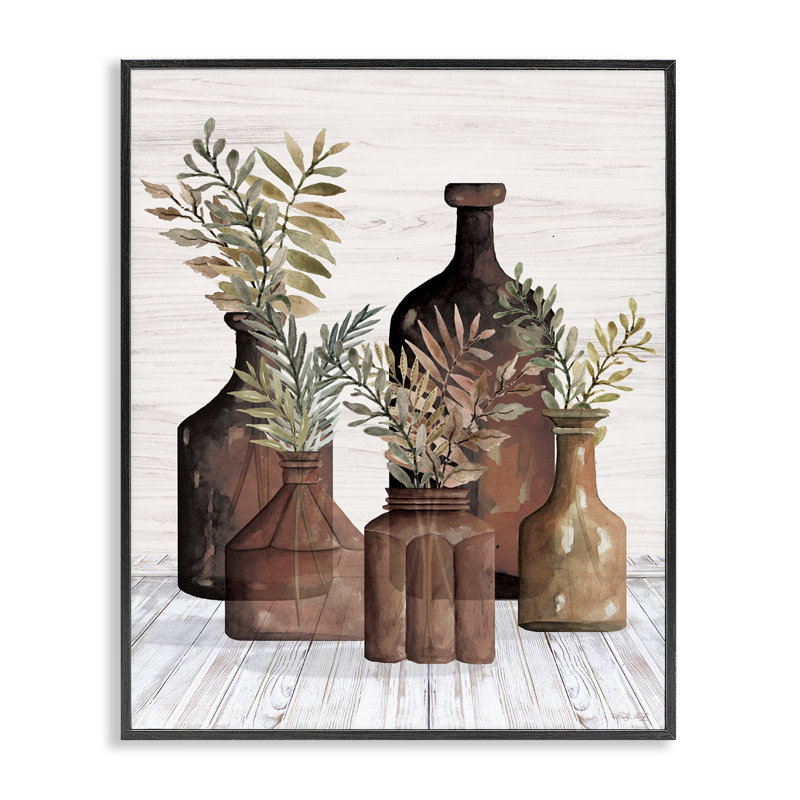 «Brown Pottery Botanicals», estampe numérique par Cindy Jacobs, Giclée encadrée noir minuit, H 30 po x l 24 po