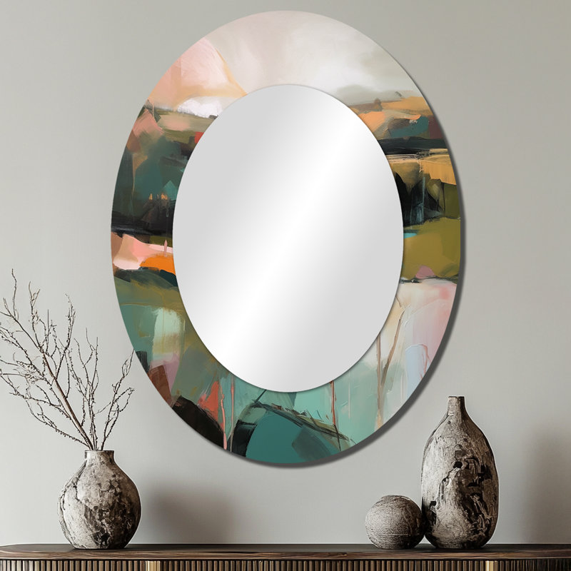 Green And Pink Transcending Reality - Modern Oval Wall Mirror, 40" x 30"