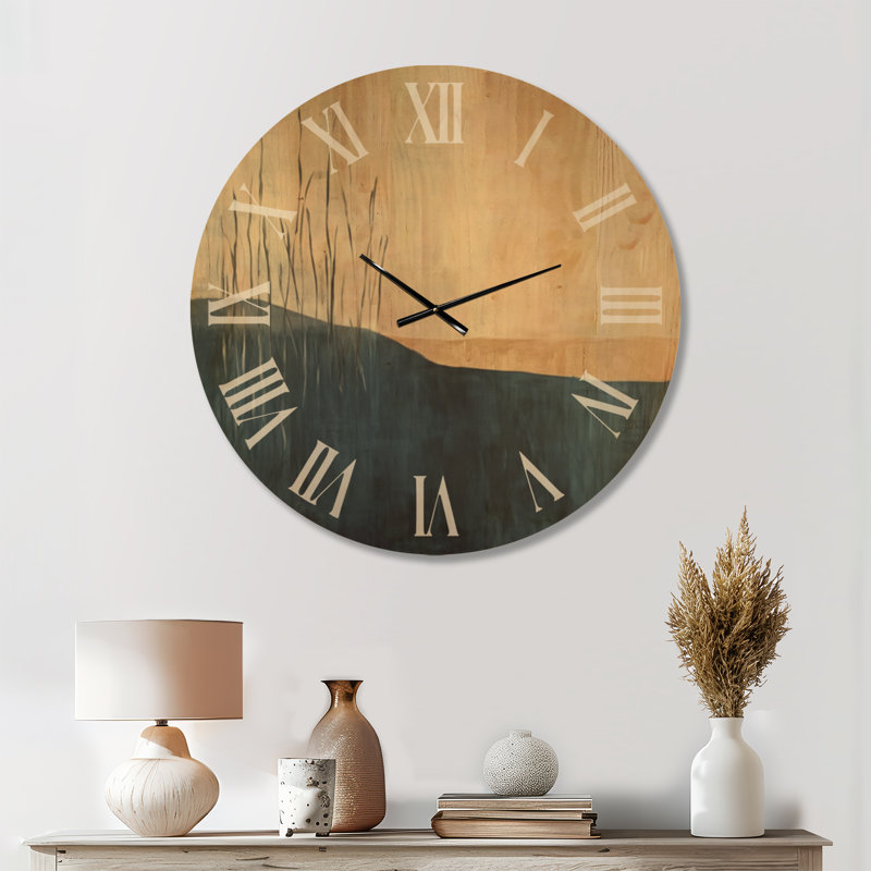 Roseaux sur l'eau profonde - Grande horloge murale en bois Japandi, Médium