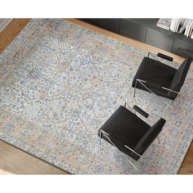Hand Knotted Wool Area Rug in Silver And Peach, Rectangle 8' x 10'