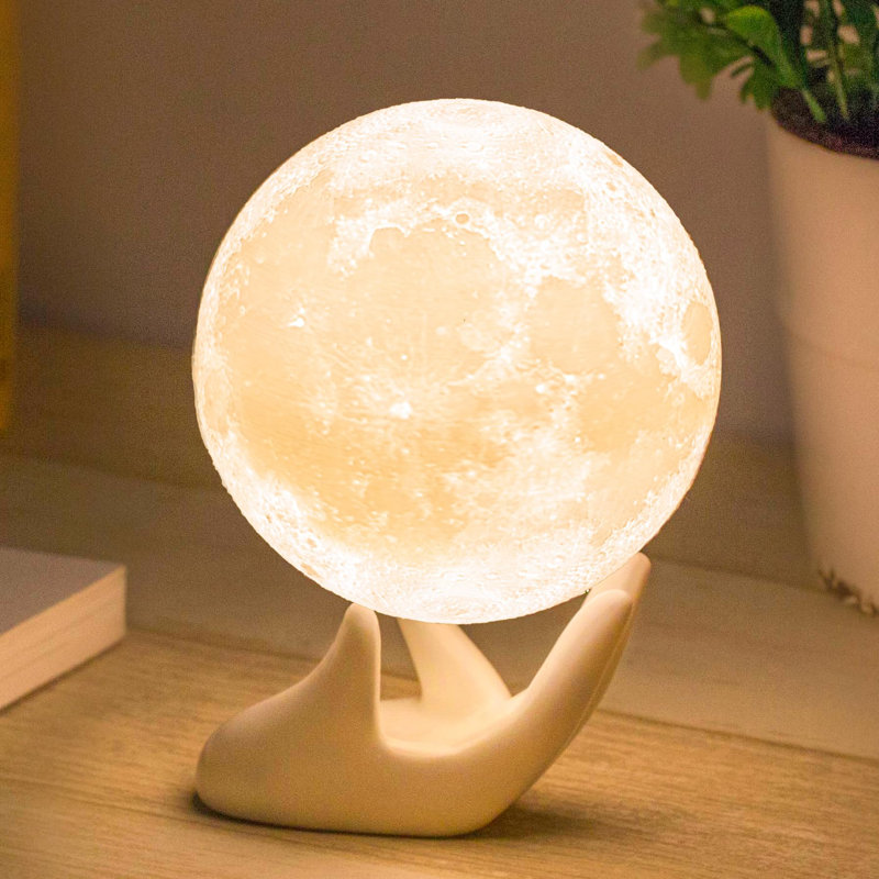 3D Printed Moon Lamp with Ceramic Hand Base, Dual-Color LED