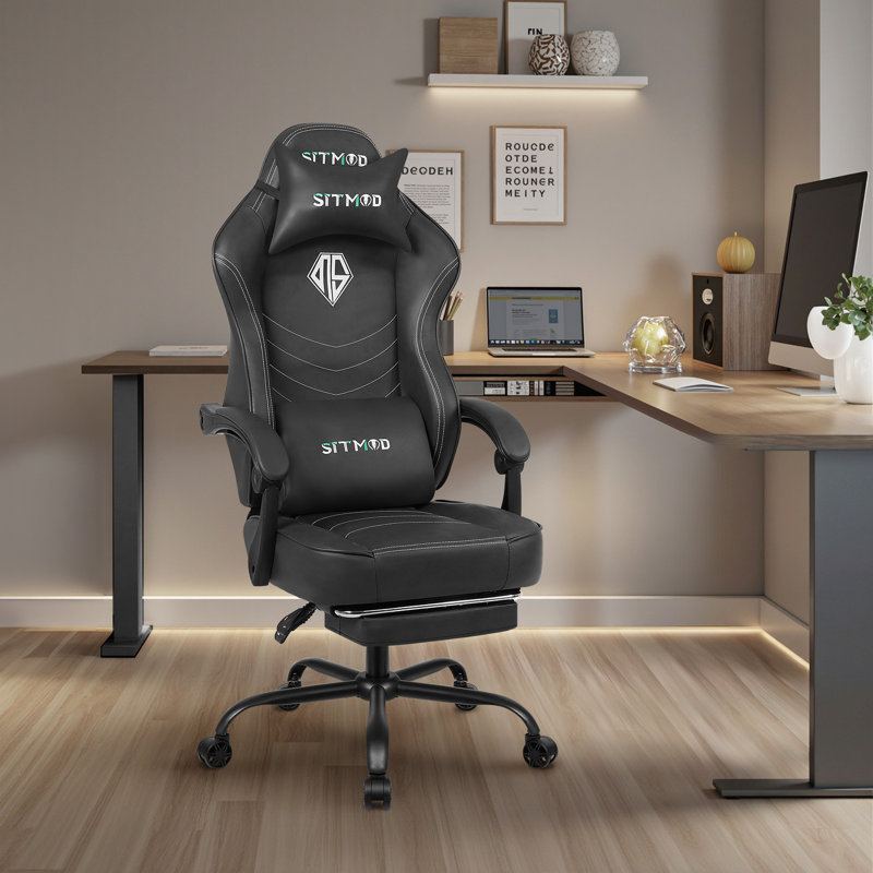 Ebern Designs Ergonomic Gaming Chair with Footrest for Adults-PU Leather PC Computer Gaming Chair, Black