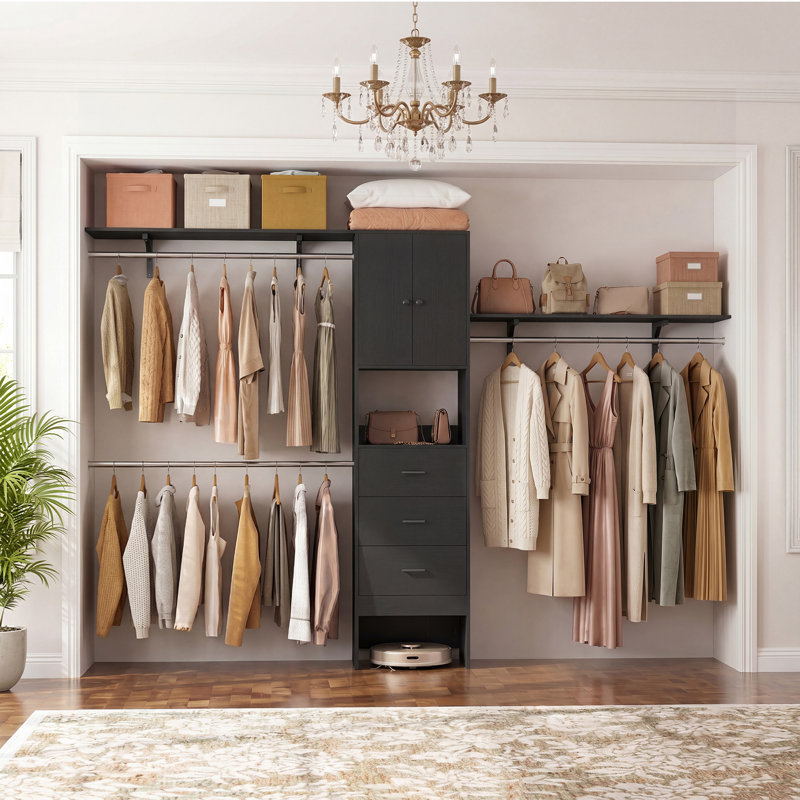 Système d'organisation en bois 20 "à 120" avec portes et tiroirs Bedrije, H 79,7 po x l 120 po x P 15 po, Noir